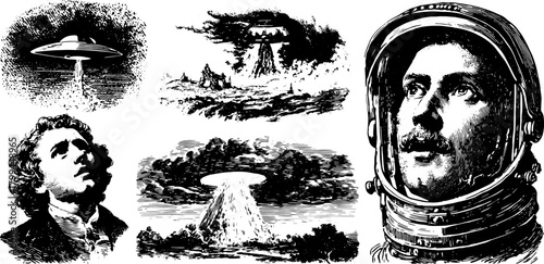Engraving style illustration featuring an astronaut and UFO. Retro vector print with black outlines and intricate details in a sci-fi context.