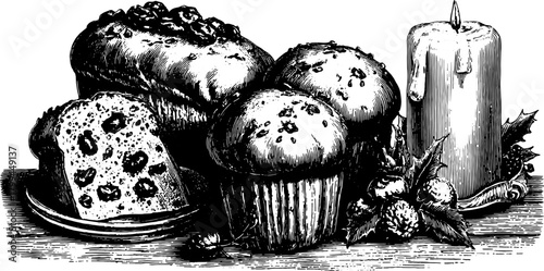 Vintage engraving set of baked goods including cake, muffins, and a candle. This illustration features hand-drawn details, ideal for culinary themes, vector style.