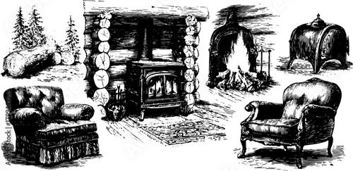 Antique vector illustration featuring a cozy cabin interior with rustic furniture set. The depiction includes a fireplace, chairs, and a natural backdrop.