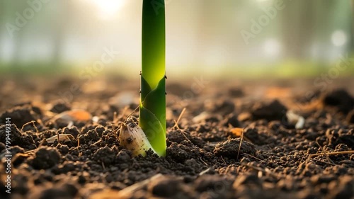 macro time-lapse of a young bamboo shoot slowly emerging and elongating from rich soil. Static golden morning light, minimal particle fall. Perfect for business motivation, eco sustainability, wellnes