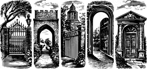 Vintage gates and doors in a scenic landscape. Detailed black and white vector illustration of an elegant architectural set.
