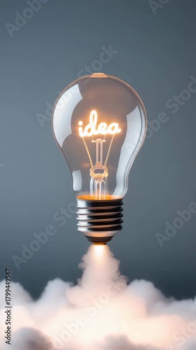 Glowing lightbulb with word idea launching like rocket, creative startup concept, innovation boost, imagination energy, bright invention metaphor, business vision, inspiration symbol