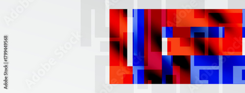 Abstract geometric pattern. Red, blue hues dominate composition. Rectangles intersect, creating dynamic visual texture. Minimalist design.