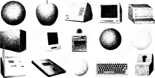 Antique engraving set featuring various objects like spheres, computers, and keyboards. The illustrations are hand-drawn and include vintage design elements.