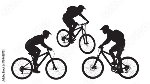 Mountain biker silhouette set vector illustration of cyclists riding bikes isolated on white background