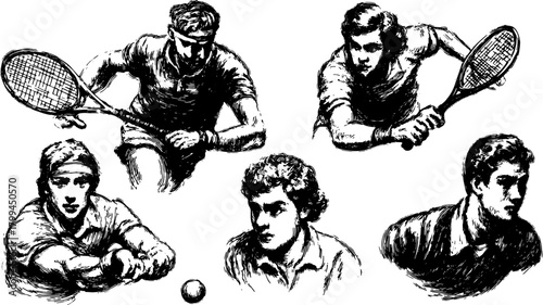 Tennis players showcasing dynamic movements and strokes in a black and white vector illustration. This set highlights action and sport-related elements.