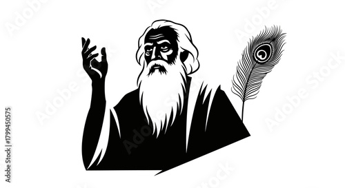 Black and white illustration of an old man with a long beard, holding a peacock feather quill, symbolizing wisdom and poetry.