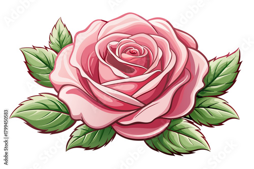 Beautiful soft pink rose with delicate petals and fresh green leaves, romantic plant blossoms symbol of love, peace and elegance, in the combination of soothing flower nature for decorative design...