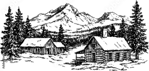 Cabin and hut in a winter landscape. Black and white vector illustration showing mountains and trees in a scenic view set.