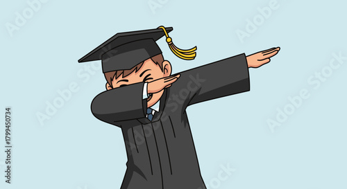 Cartoon graduate in gown and cap dabbing, celebrating his academic achievement and future success