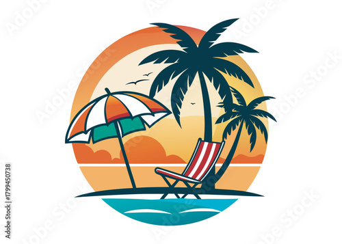 beach chair vector silhouette illustration logo, beach chair logo icon silhouette, tropical beach sunset scene palm trees beach chair and umbrella vector silhouette on white background