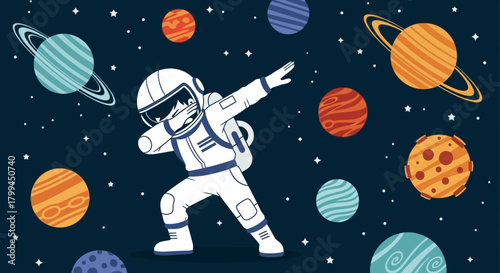Cartoon astronaut dabbing in space surrounded by planets and stars on dark blue background