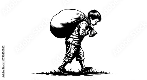 A black and white illustration of a young boy carrying a large, heavy sack on his back, walking with effort.