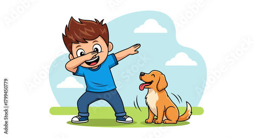 Cartoon Illustration of a Boy Doing the Dab with his Cute Golden Retriever Dog Outdoor