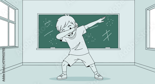 A jubilant boy doing the dab dance in a classroom showcasing modern youth culture