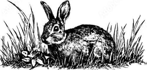 Rabbit engraving in vintage style. Detailed line drawing vector illustration of wildlife in a grassy environment, showcasing nature's beauty.