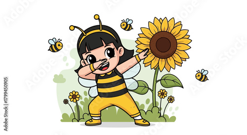 Cartoon girl in a bee costume dabbing in a field with sunflowers and buzzing bees creates joyful