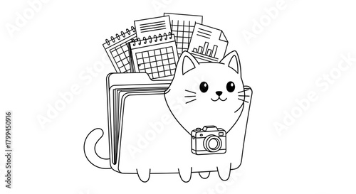 Cute cartoon cat with a camera peeking out of a file folder filled with documents, calendars, and charts, in a line art style.