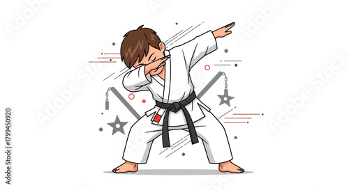 Cartoon Karate Kid Dabbing Pose with Nunchucks Isolated on White Background