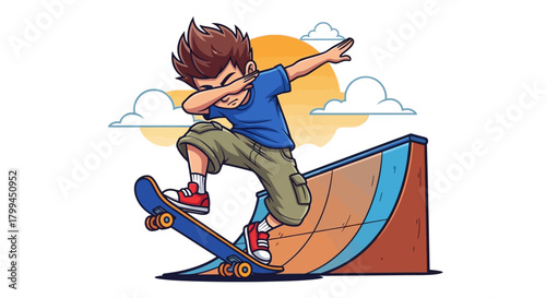 Cartoon Skateboarder Dabbing on a Ramp with a Sunny Sky Backdrop Illustration