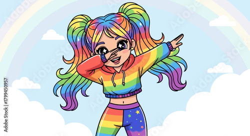 Rainbow girl cartoon character with vibrant colors striking a joyful dabbing pose against cheerful