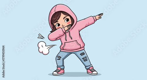 Cartoon girl in a pink hoodie performing the dab dance on a light blue background