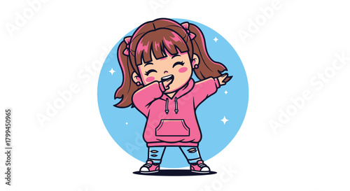 Adorable Cartoon Girl Dabbing with Joyful Expression on a Light Blue Background