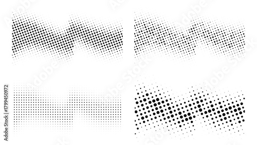 Halftone Wave Pattern. Abstract Half Tone Circle Dots Wavy Background. Music Sound Wave. Vector Set.