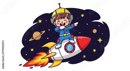 Cartoon Astronaut Riding a Rocket Through Space with Stars and Planets Illustration