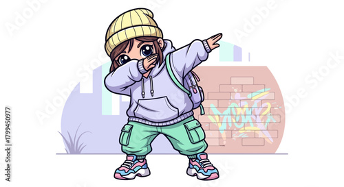 Cartoon illustration of a girl dabbing in street style with graffiti background design showcasing