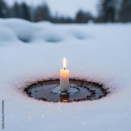A solitary candle burns softly in a small pool of water surrounded by snow in a peaceful winter landscape during twilight