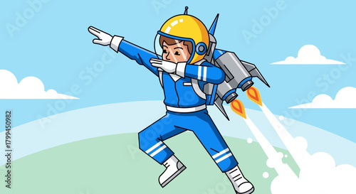 Cartoon astronaut performing a dab with a rocket pack against a blue sky background