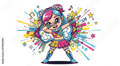 Cartoon girl with colorful hair dabbing amidst vibrant abstract design elements and notes