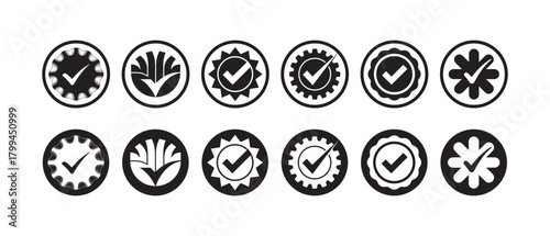 Black Checkmark Badge Icons Set, Approval Seal and Certification Label Collection, vector illustration EPS 10.
