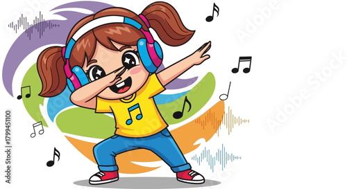 Cartoon girl with headphones dabbing surrounded by music notes and sound waves graphic elements