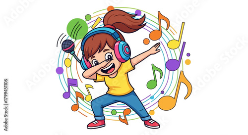 Cheerful girl with headphones dabbing with a microphone amidst colorful musical notes