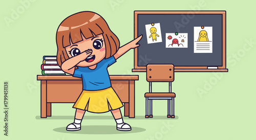 Cute cartoon girl student dabbing in classroom with chalkboard and desk illustration
