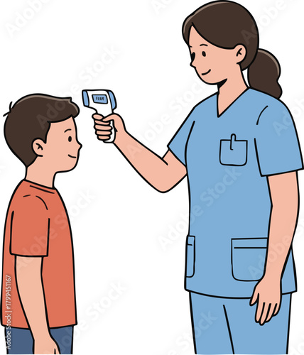 A female healthcare worker in blue scrubs uses a digital thermometer to check the temperature of a young boy wearing an orange shirt against a plain white background.