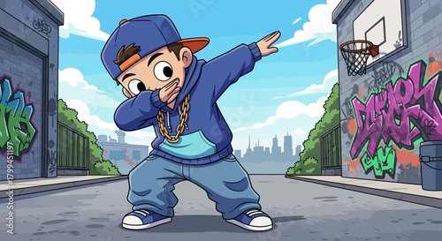 Cartoon illustration of a boy doing the dab dance in an urban setting with graffiti art and city