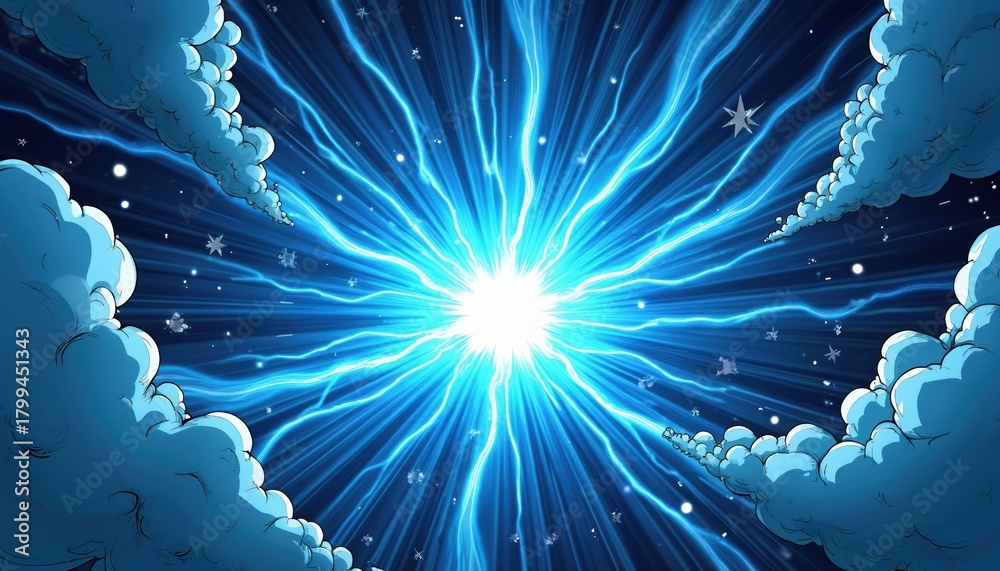 Fototapeta premium Bright blue energy burst radiates outward from center, with comic style clouds on edges. Starburst light flares in dark void, hints of space elements appear.