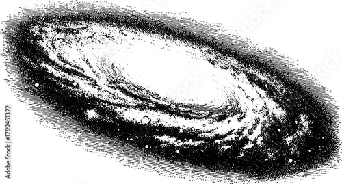 Galaxy engraving in vintage style, featuring a detailed line drawing in black and white. This scientific vector illustration emphasizes celestial aspects and design elements.