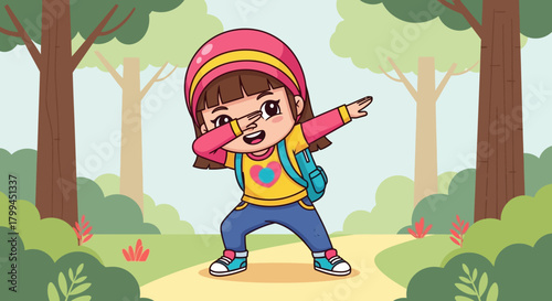 Cartoon illustration of a girl dabbing in a forest environment showing joy and happiness of a