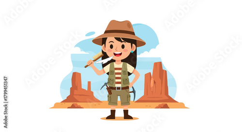 Cartoon explorer girl in desert landscape holding brush and feather illustration