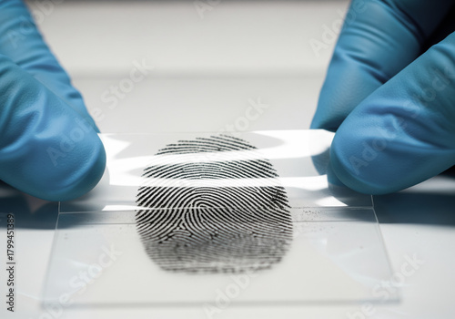 Forensic specialist in blue gloves using a fingerprint lifting tape to carefully lift a developed latent print from a surface crime scene investigation procedure for evidence