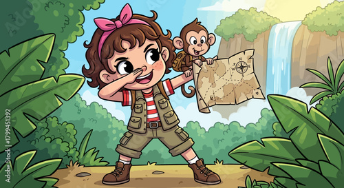 Cartoon girl explorer with monkey friend discovering treasure in tropical jungle adventure