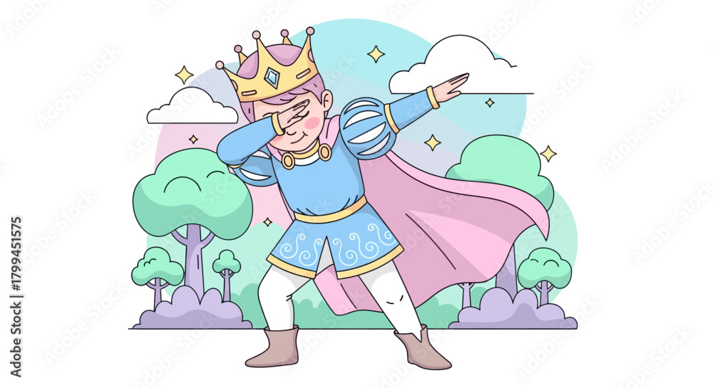 Naklejka premium A whimsical illustration of a dabbing prince in a pastel-colored cartoon kingdom scenery