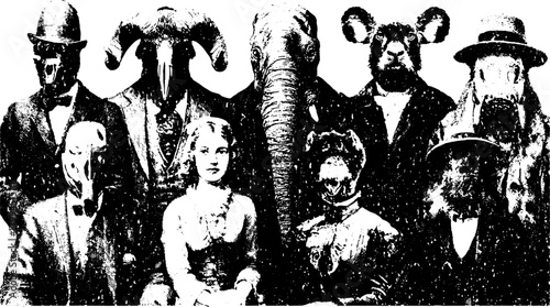 Vintage engraving of a group wearing animal masks. Unique retro vector illustration showcasing various characters in formal attire.