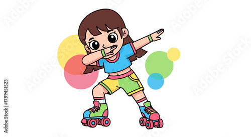 Cartoon girl roller skating and dabbing in colorful outfit with fun vibe illustration