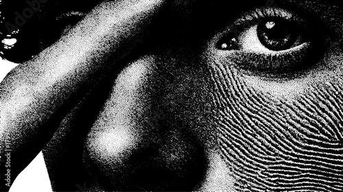 Vector illustration featuring an intricate line drawing of a human face. This detailed engraving highlights texture and contrast in a unique style.