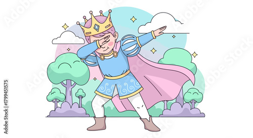 A whimsical illustration of a dabbing prince in a pastel-colored cartoon kingdom scenery